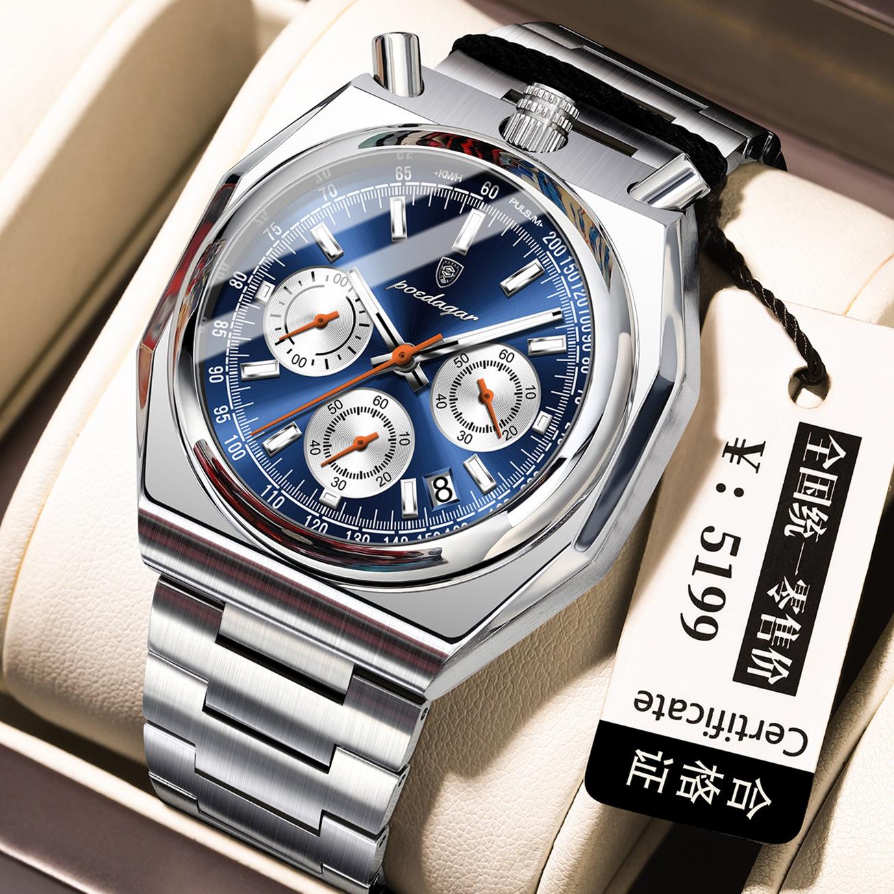 

POEDAGAR National Top Brand Men s Watch Retro Style New Waterproof Luminous Quartz Watch P897Silver case, blue dia
