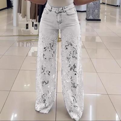 Günlük Tığ İşi Birleştirilmiş Yüksek Bel Pantolon Bayan Seksi Dantelli Delikli Kot Yaz Retro Düz Renk Geniş Bacak Pantolon