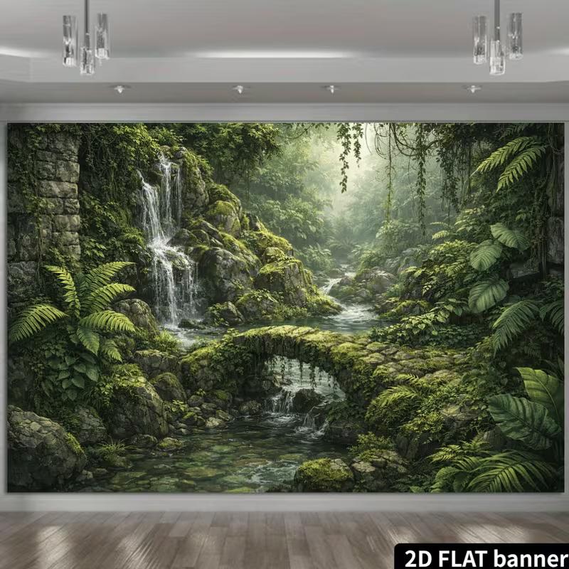 Enchanted Rainforest Mural with Waterfall and Ancient Stone Archway