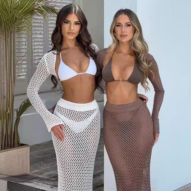 Summer New Arrival Seaside Vacation Sun Protection Beach Skirt Versatile Fashion Sexy Cutout Sheer Long Sleeve Knitting Suit