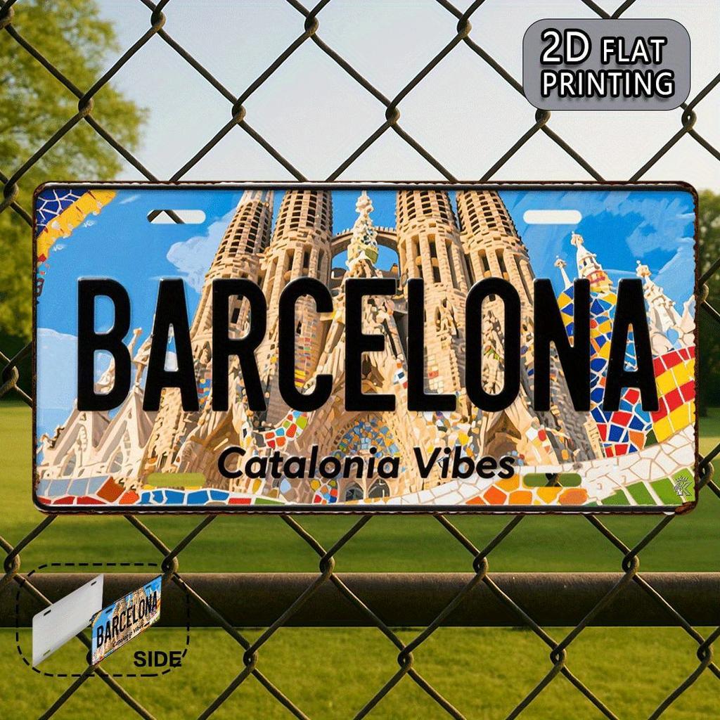 D flat Barcelona retro metal aluminum license plate For decorative purposes only Travel souvenirsRural style Friends Gift