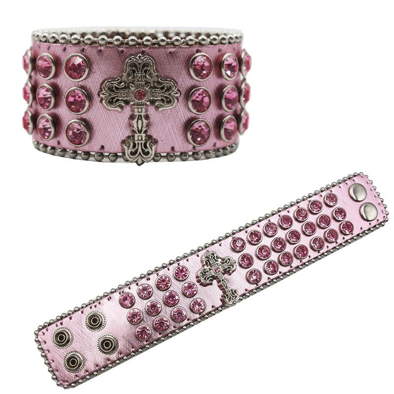 Designed PU Leather Bracelet European and American Hip-hop Punk Full of Diamonds and Rhinestones Bracelet
