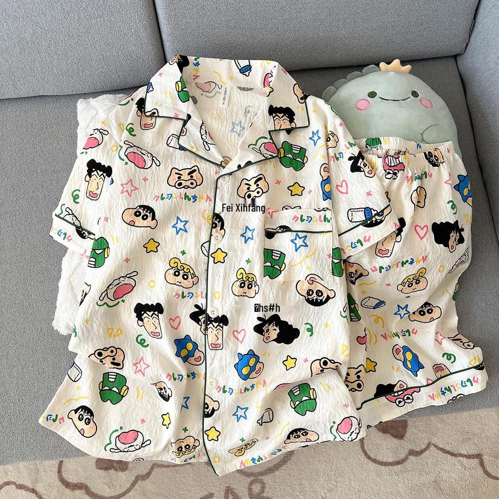 Korean Cloud Cotton Cartoon Couple Pajamas Set - Short Sleeve Cardigan & Shorts
