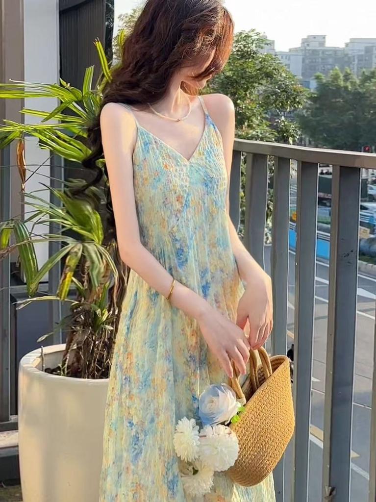 French v-neck floral suspender dress children's summer new seaside vacation style wear temperament dress