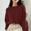 Casual simple knitted pullover autumn and winter women's twist loose round neck solid color versatile sweater women