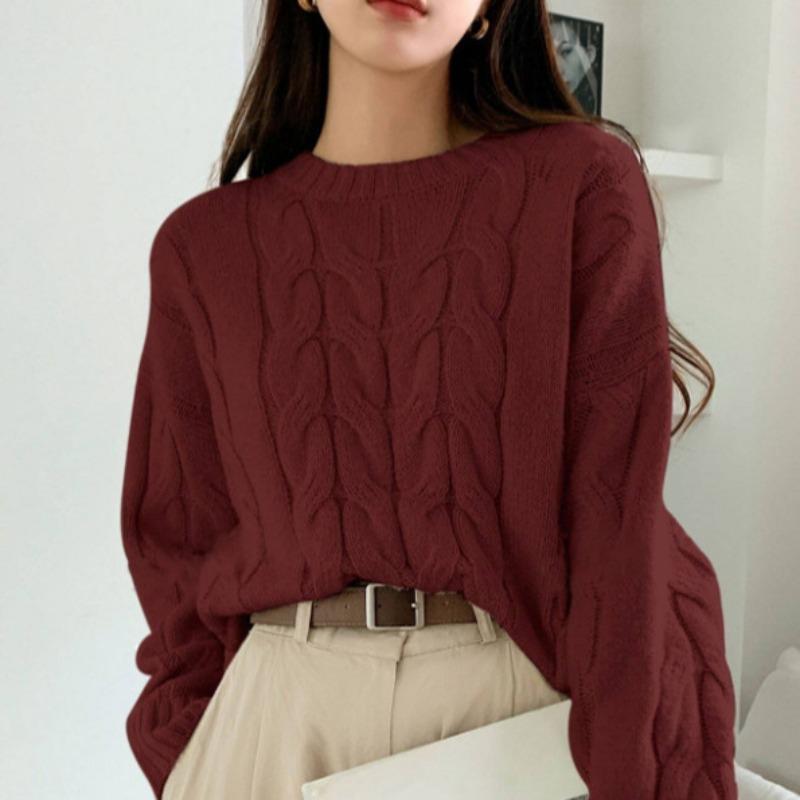 Casual simple knitted pullover autumn and winter women's twist loose round neck solid color versatile sweater women
