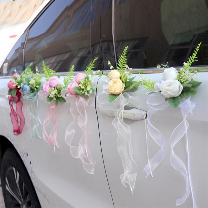 Elegant Blue Bridal Car Mirror Plant Ornament Synthetic Cloth Arrangement For Outdoor Wedding Event
