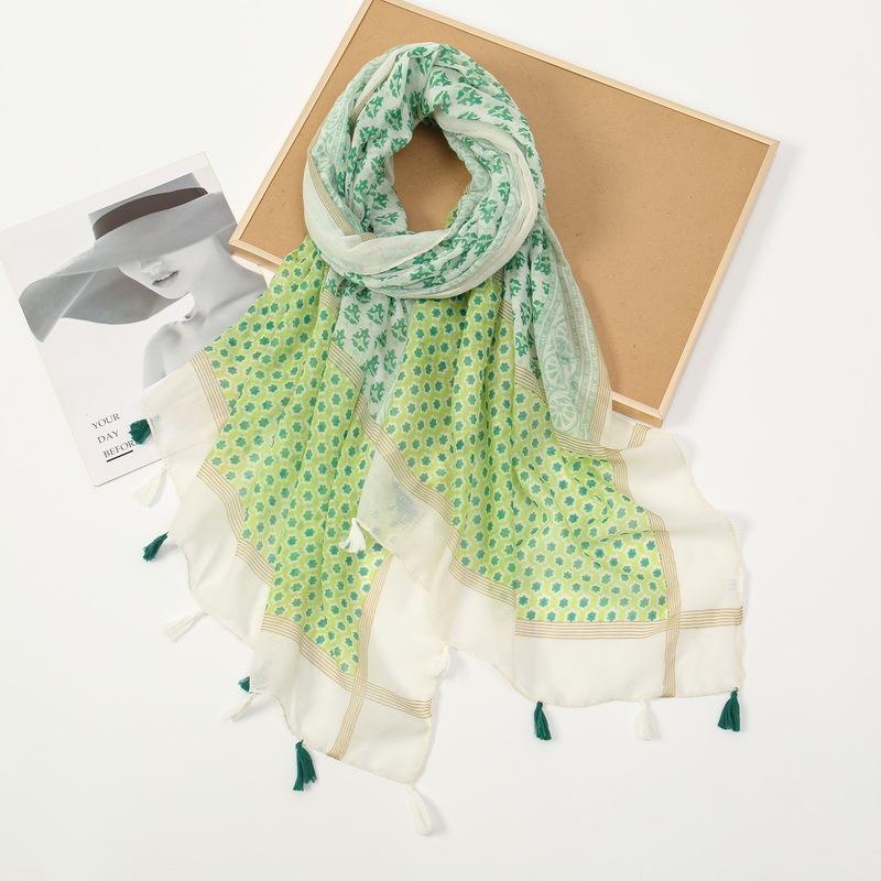 New Small Fresh Green Versatile Artistic Cotton Hemp Tassel Scarf Travel Thin Vacation Sunscreen Shawl