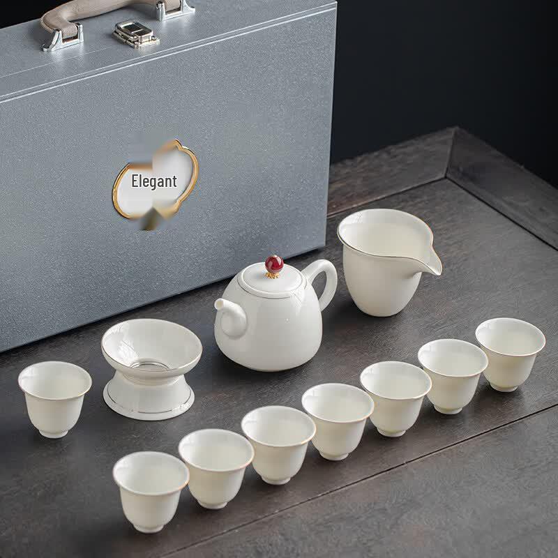 Gilded Mutton Fat Jade White Porcelain Kung Fu Tea Set
