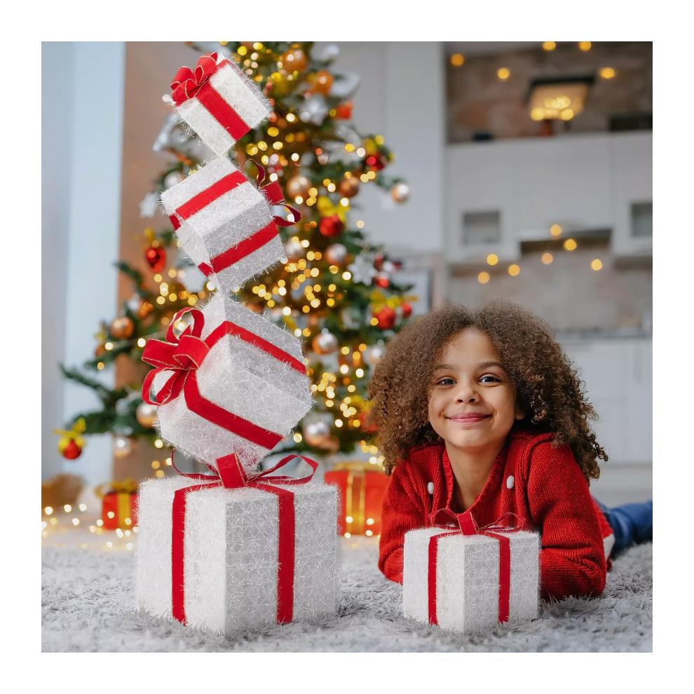 3ft Christmas 80 LED Lighted Gift Box Tower Pre-lit Stacked Xmas Present Boxes