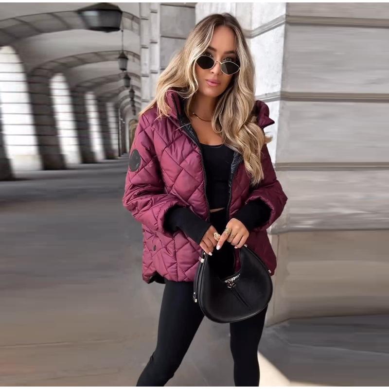Autumn and Winter New Fashion Trend Diamond-shaped Pressure Grid Loose Hooded Cotton-padded Warm Jacket