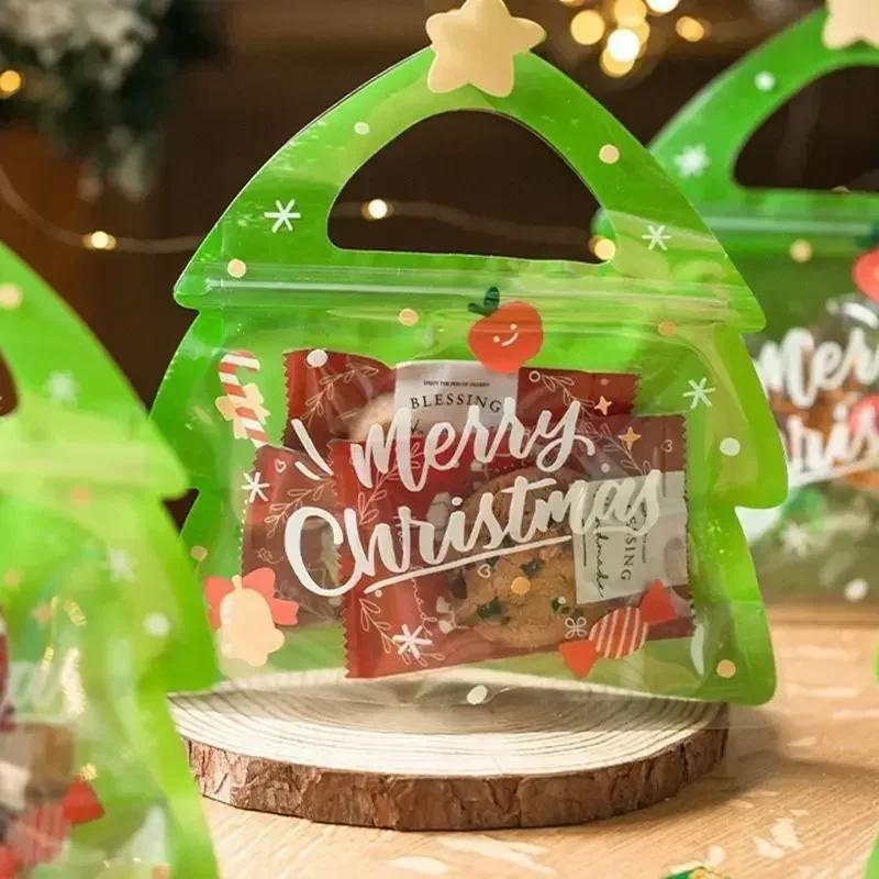 Christmas Tree Treat Bags for Kids Party Favors Reusable Ziplock Goodie Bags with Handles for Holiday Candy Storage Pouches
