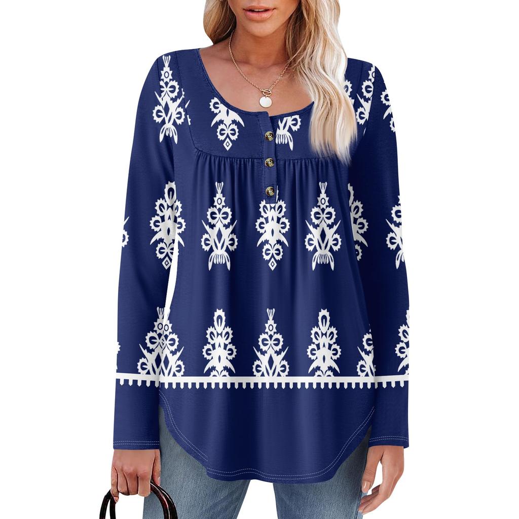Women's Long Sleeve Tunic Loose Tops Casual Oversized Tops Pleated Tunic Button Down Casual Women's Print Tops