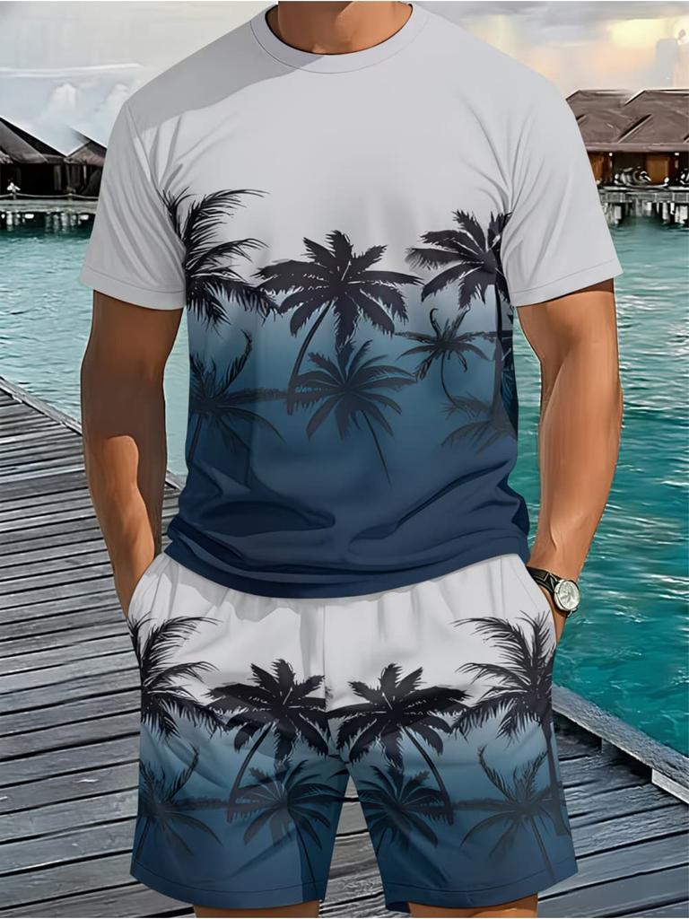 Men's 2 Piece Set Hawaiian Palm Tree Print Men's T-Shirt Shorts Set Casual Men's Short Sleeve Top Outdoor Beach Men's Short