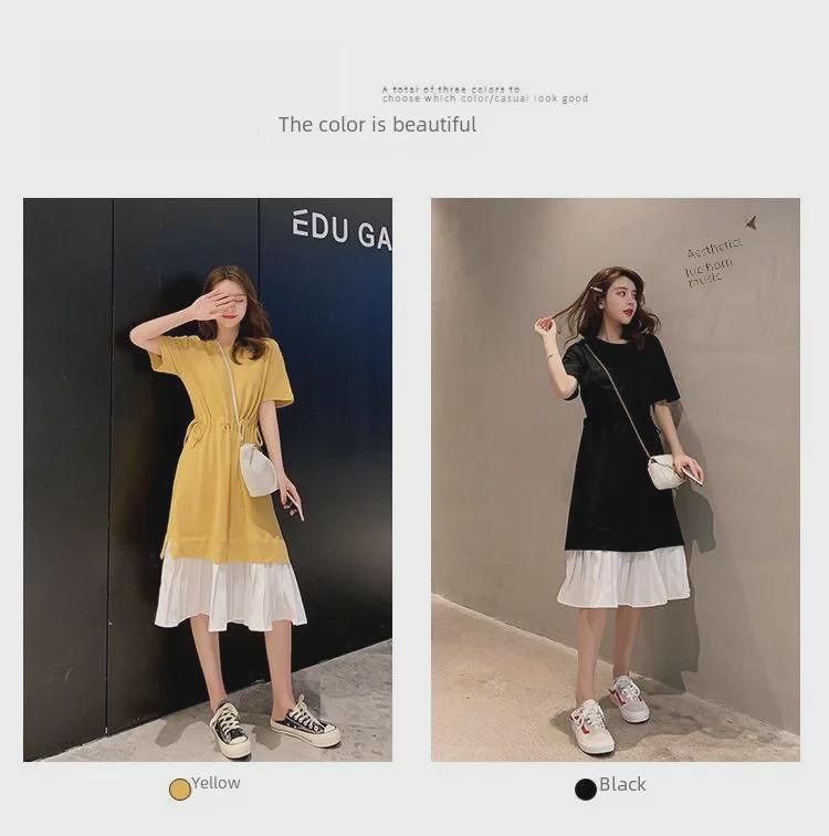 Locker sitzendes Umstandskleid im koreanischen Stil – zweiteiliges gespleißtes Design, über dem Knie lang, lässige Sommerkleidung