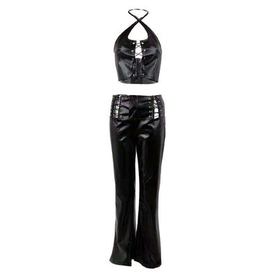 Nuevo Traje de Moda para Mujer de Primavera y Verano, Chaleco Sexy con Tirantes al Cuello, Pantalones de PU de Cintura Alta