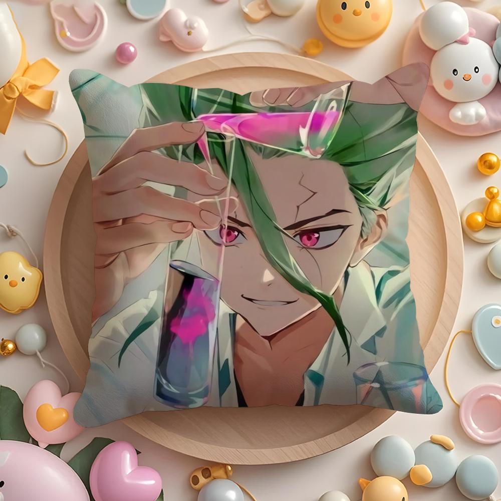 D-Dr.Stone Anime Cushion Cover Plush Fabric Soft Double-Sided Printed Sofa Warm Winter Home Gift Pillow Cover
