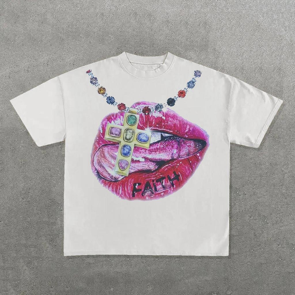 Y2k Streetwear Trendy Big Mouth Graphic Print Oversized TShirt Womens Fashion Round Neck Loose Versatile Casual Short Sleeve