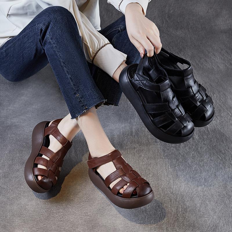 Fashion High Quality 6CM Cow Weave Genuine Leather Hollow Booties Sandals Boots Flats Women Mary Jane Pumps Platform Wedge SummerShoes