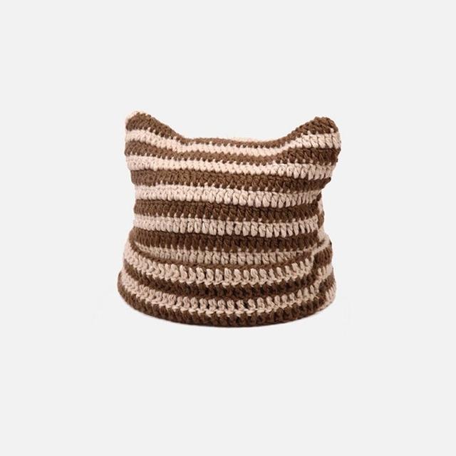 Japanese Streetwear Harajuku Beanie Hat Little Devil Striped Knitted Hat ForWomen Girls Autumn Winter Cute Cat Ears Cap