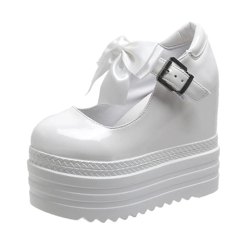 Mode 12,5CM Plateau Hohe Wedges Damen Pumps Sneakers Lässig Gothic Stil Punk Schnürung Schnalle Schwarz Schmetterlingsknoten Damenschuhe