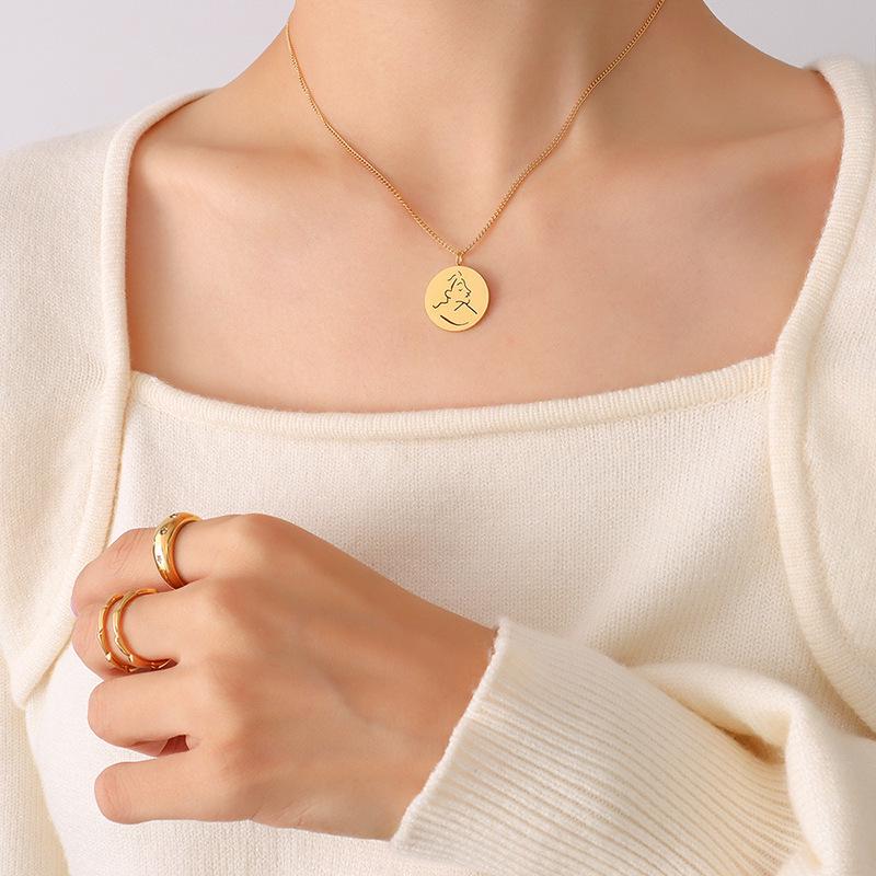 Korean Abstract Portrait Pendant Necklace - Gold Plated Titanium Steel