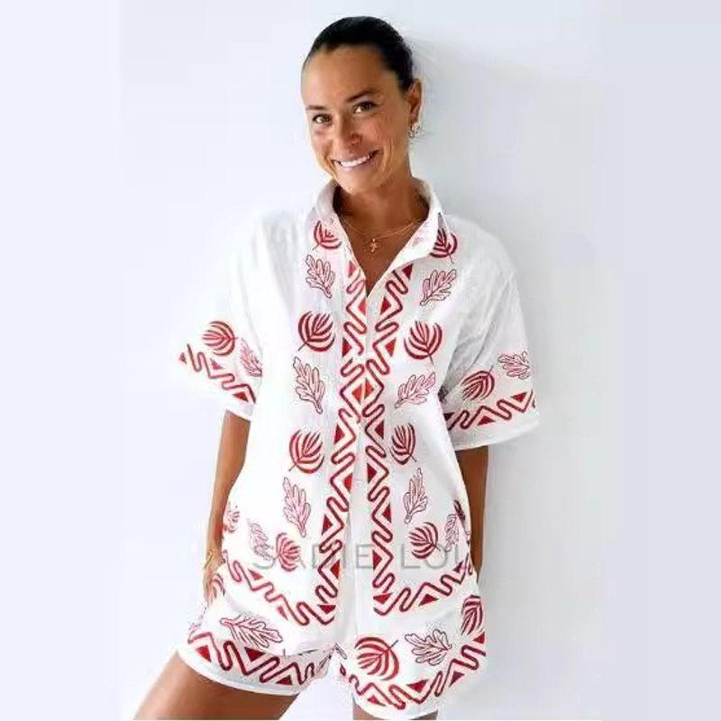 

Versatile Casual Two-Piece Suit European and American Women s Clothing Temperament Printed Loose Casual Shirt Tops Wide Leg Shorts Suit White XL