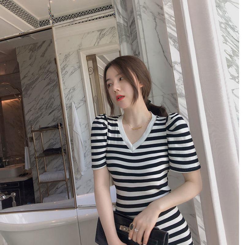 2025 Retro French Slim Striped Puff Sleeve Knit Dress Small