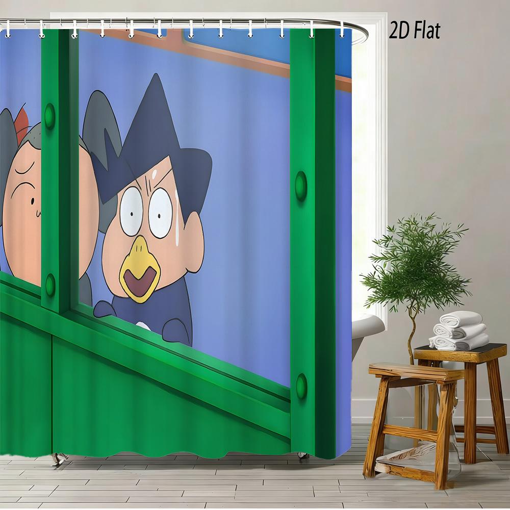 Crayon Shin-Chan Toru Kazama Animal Cosplay Peeking From Green Window Scene 2D Print Waterproof Shower Curtain, Bold Blue & Gree