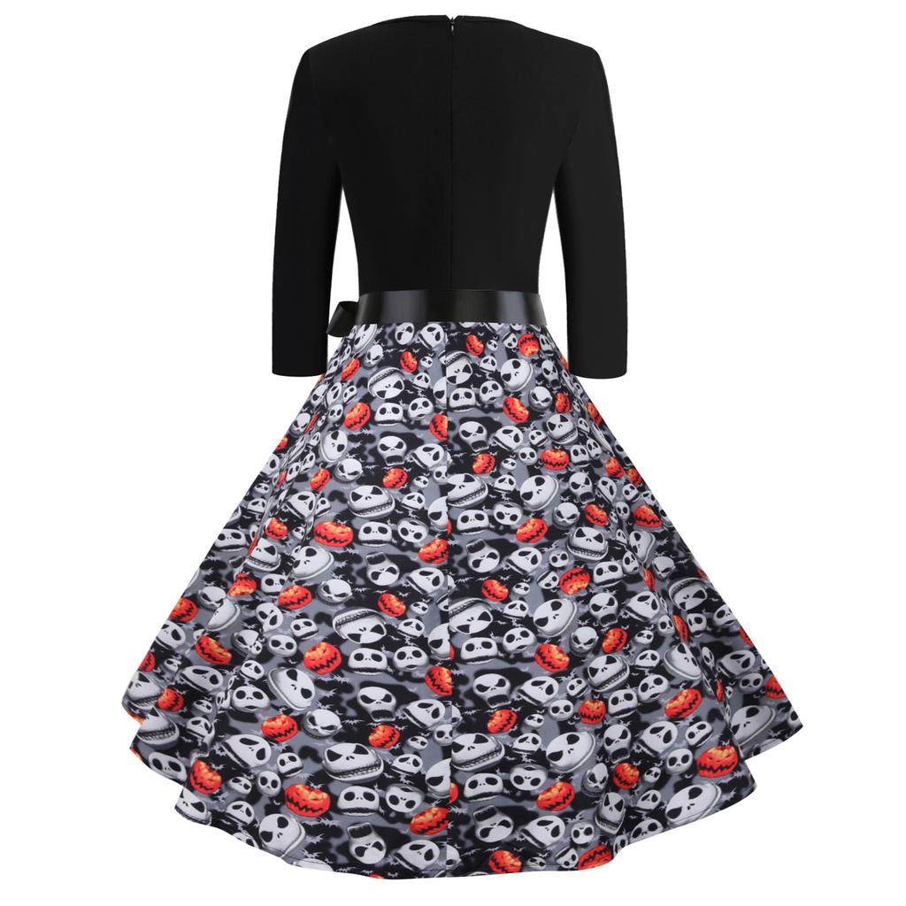 Women's Halloween Digital Printed Waist Long Sleeve Stitching A-line V-neckDress