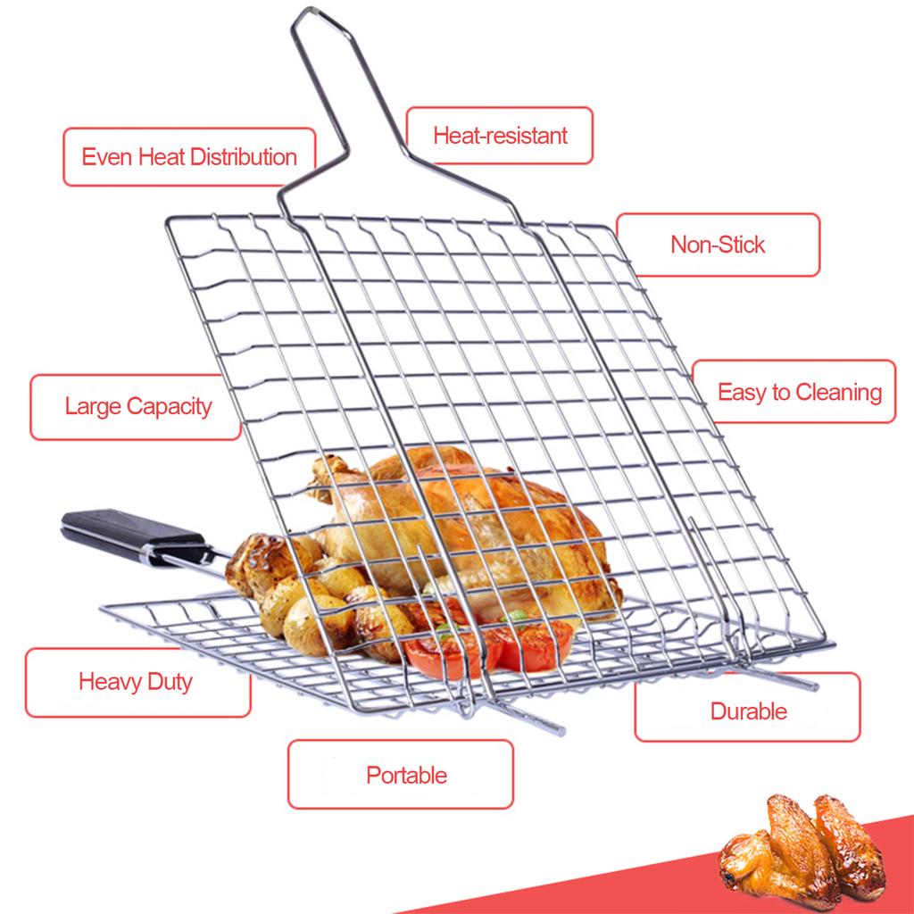 Grilling Basket Non-Stick Barbecue Basket Heavy Duty BBQ Tools Grill Basket for Meats Fish Vegetables Steak