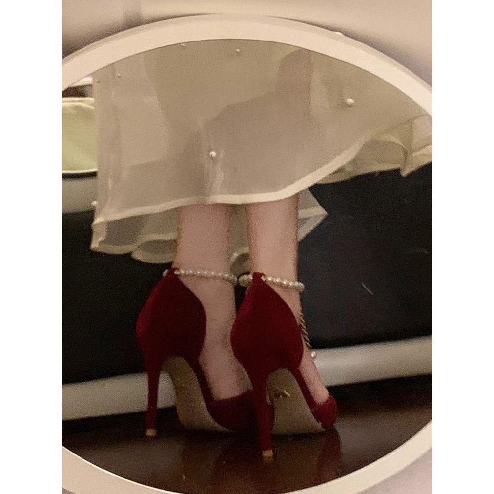 Pointed Suede Pearl High Heels Women's Stiletto Adult Gift Bag Head Side Empty Sandals Show Two Wear Bridal Shoes