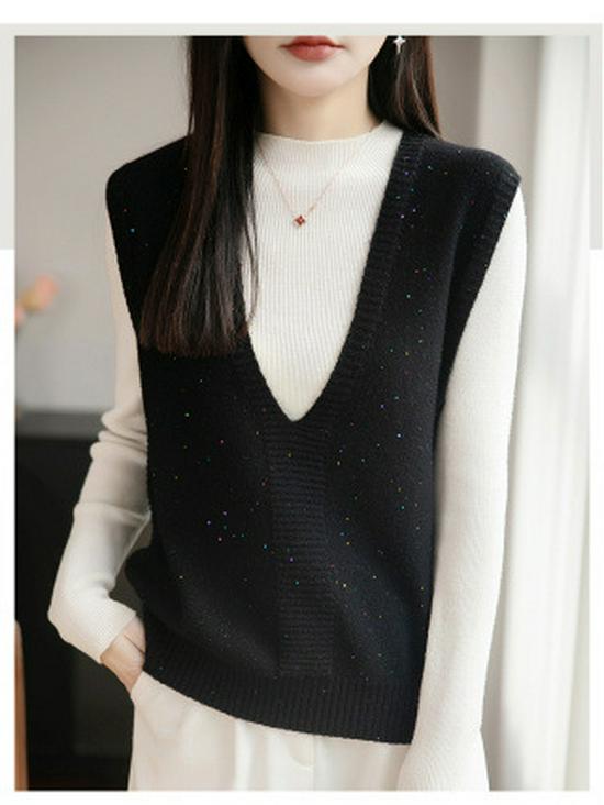 New Year Women's V-Neck Sleeveless Shiny Layered Plus-Size Wool Vest for Spring and Autumn
