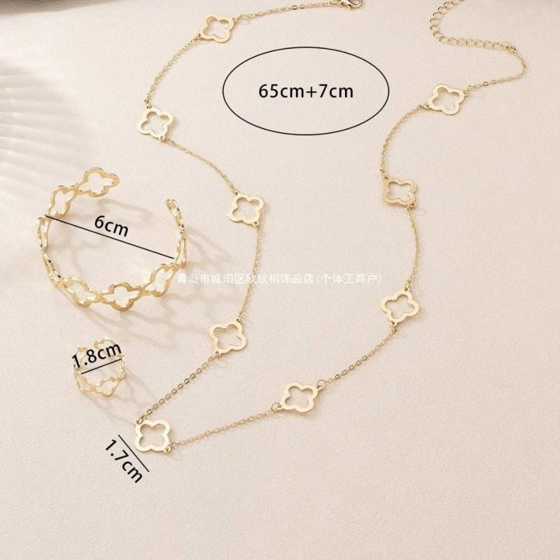 Womens Gold Tone Hollow Lucky Clover Long Necklace Set With Bracelet Ring - Minimalist Floral Jewelry Daily Wear