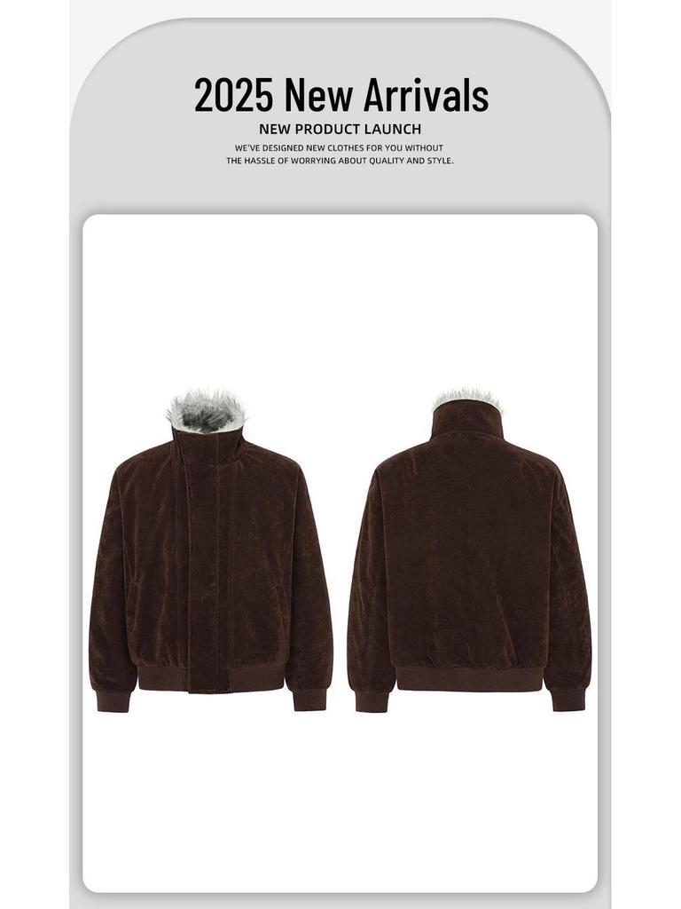 Unisex Winter Hunting Jacket: Wolf & Eagle Design, Thick Velvet & Cotton, Asymmetrical Lapel, Suede Accent, Stand Collar.