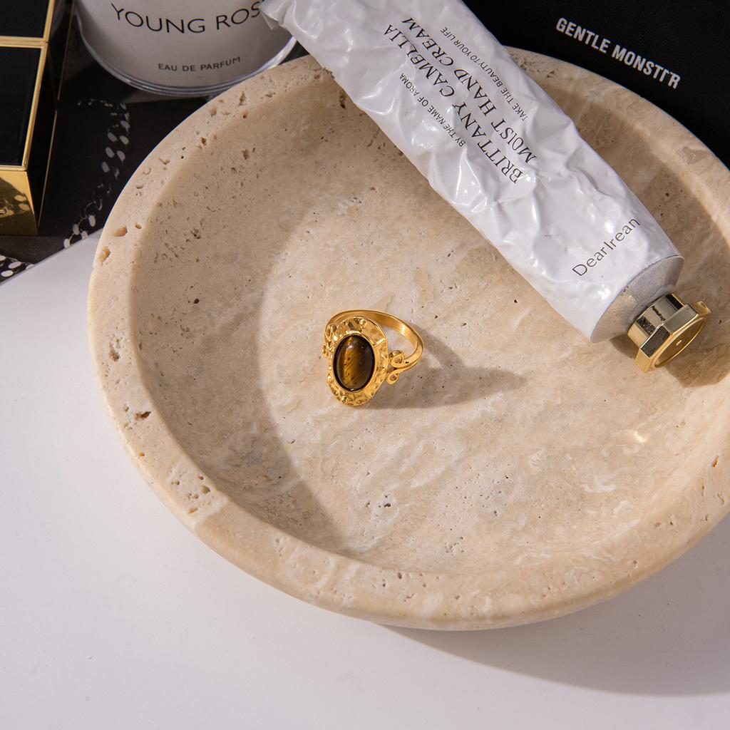 Yori Trendy Oval Tiger Eye Hammer Pattern Thin Chic Ring Women 18K PVD Plated Waterproof Jewelry Accessories Gift