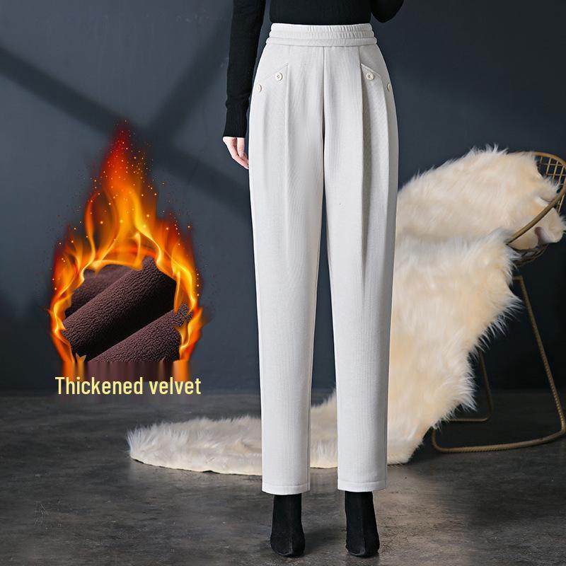 Pantaloni Harem Lână Căptușiți cu Fleece pentru Femei - Talie Elastică de Catifea, Pantaloni Casual de Iarnă pentru Mame de Vârstă Mijlocie și Vârstnice.