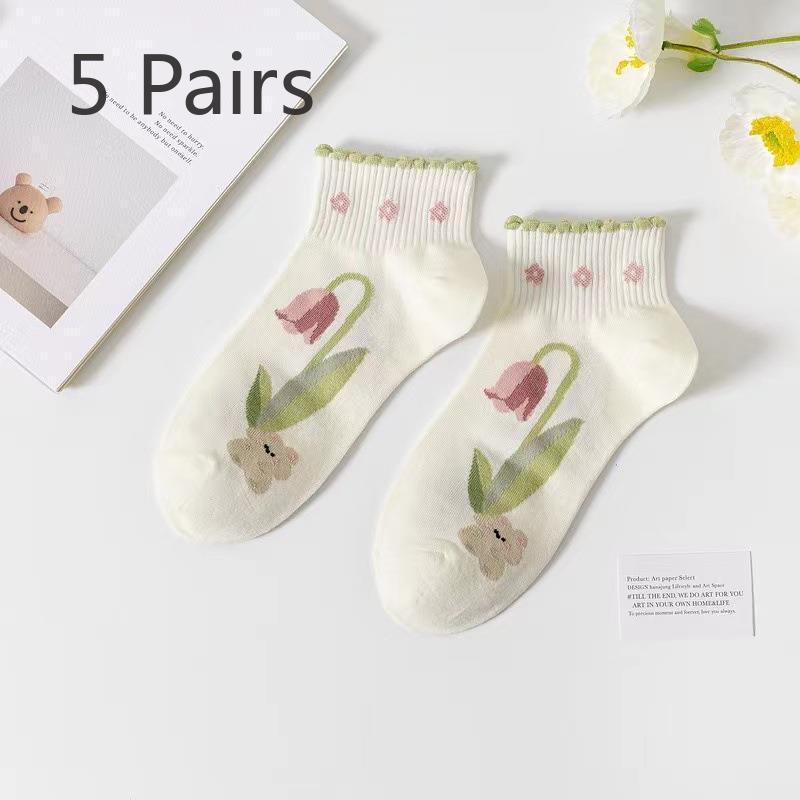 5 Pairs of Female Preppy Green Small Fresh Short Boat Socks