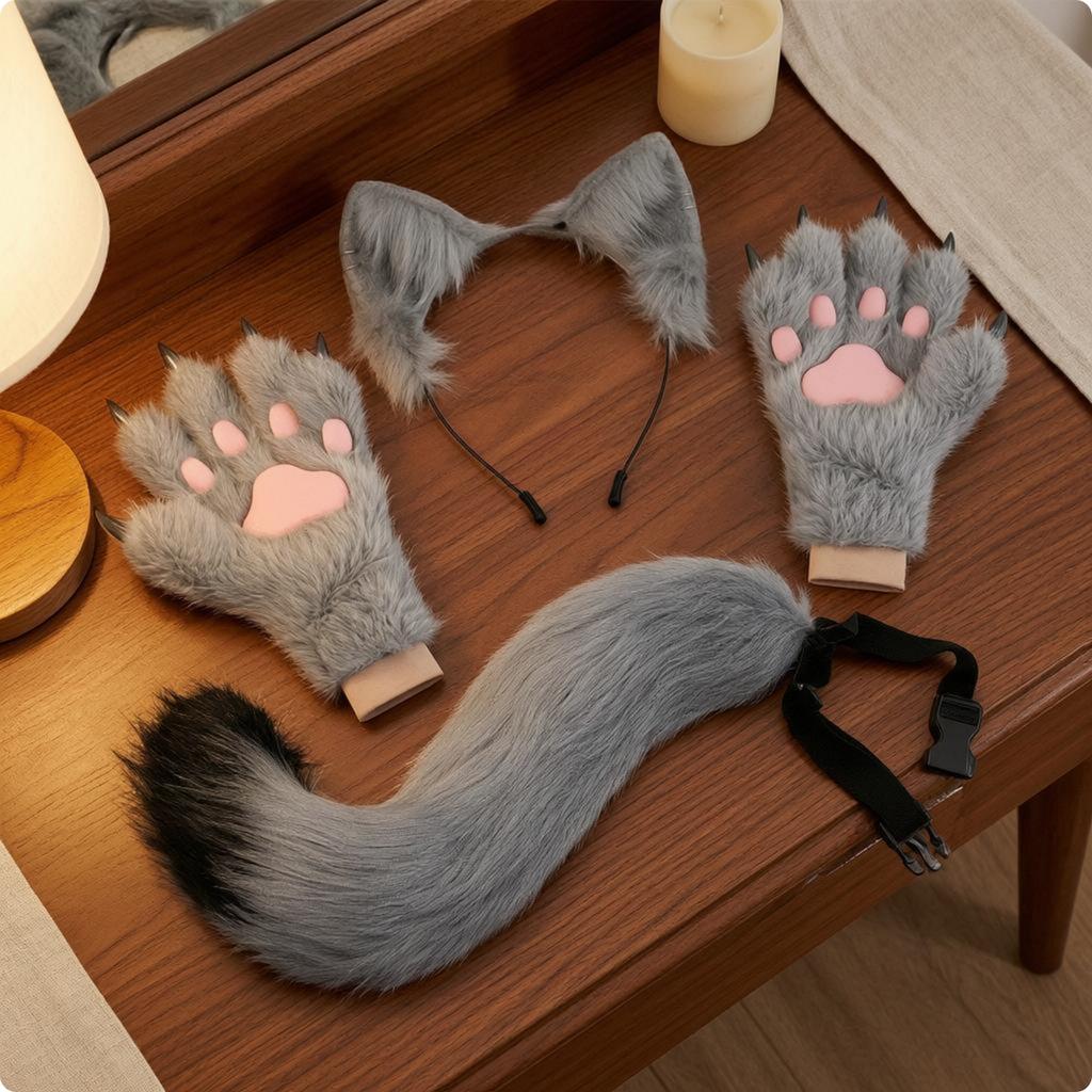 Animal Cosplay Set Kit Cosplay Chat Fluffy Tail Raised Paw Pads Gloves for Masquerade Events