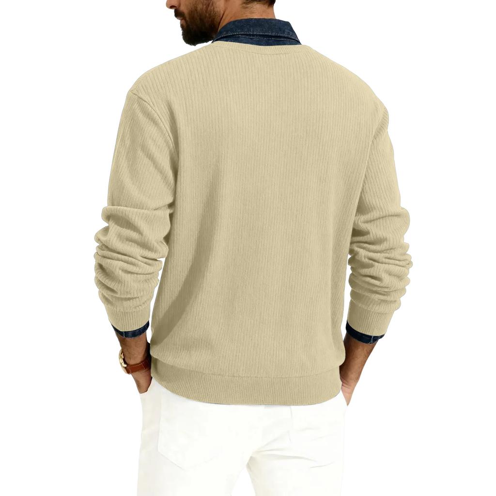 Men's V-neck Long-sleeved Ribbed Knit Pullover