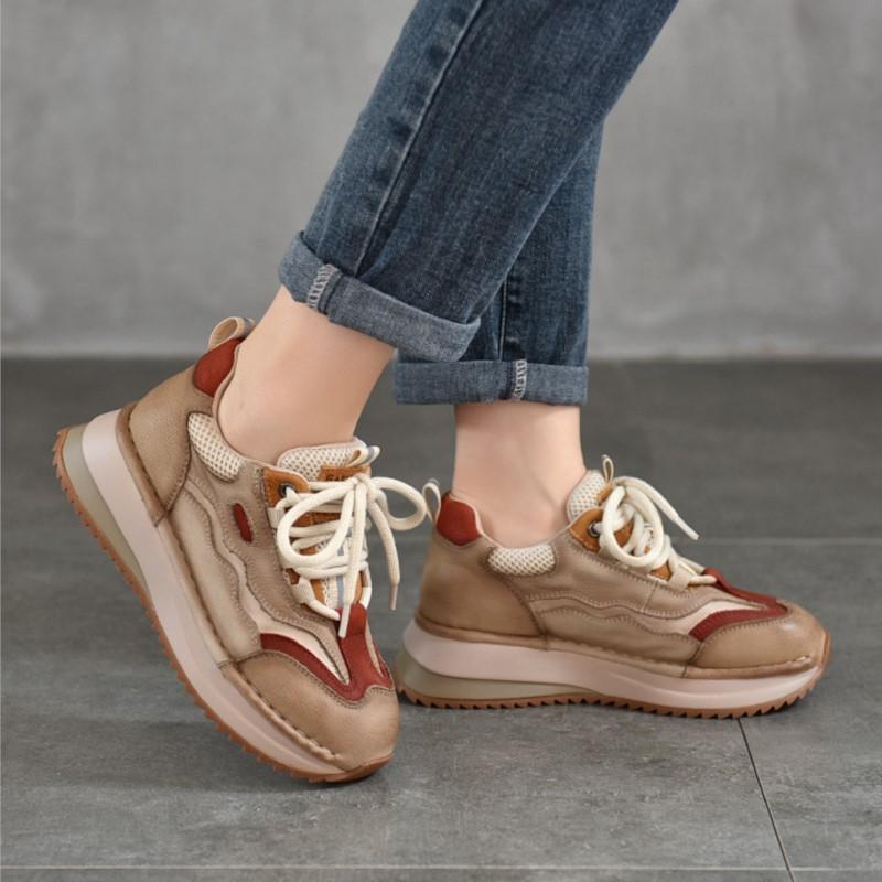 Johnature Genuine Leather Casual Sports Lace Up Anti Slip Women's Shoes Retro Mixed Colors Thick Soled Sneakers