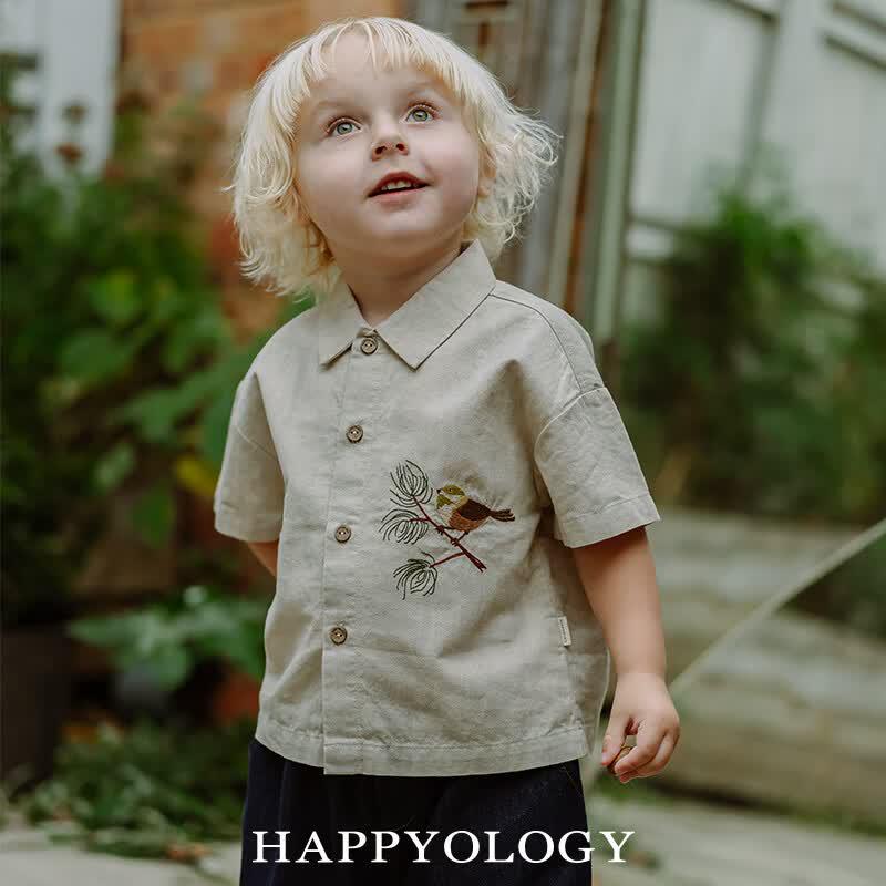 Happyology Boys Embroidered Short Sleeve Lapel Shirt 92 (92cm) хаки