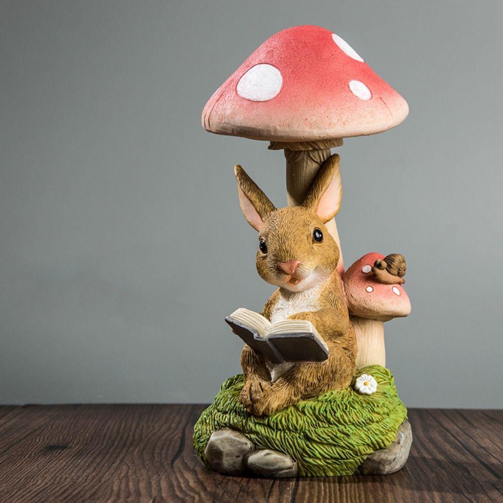 Resin Solar Mushroom Lamp Cute Animal Statue Light Desktop Decoration Rabbit Lawn Lamp Flowerpot