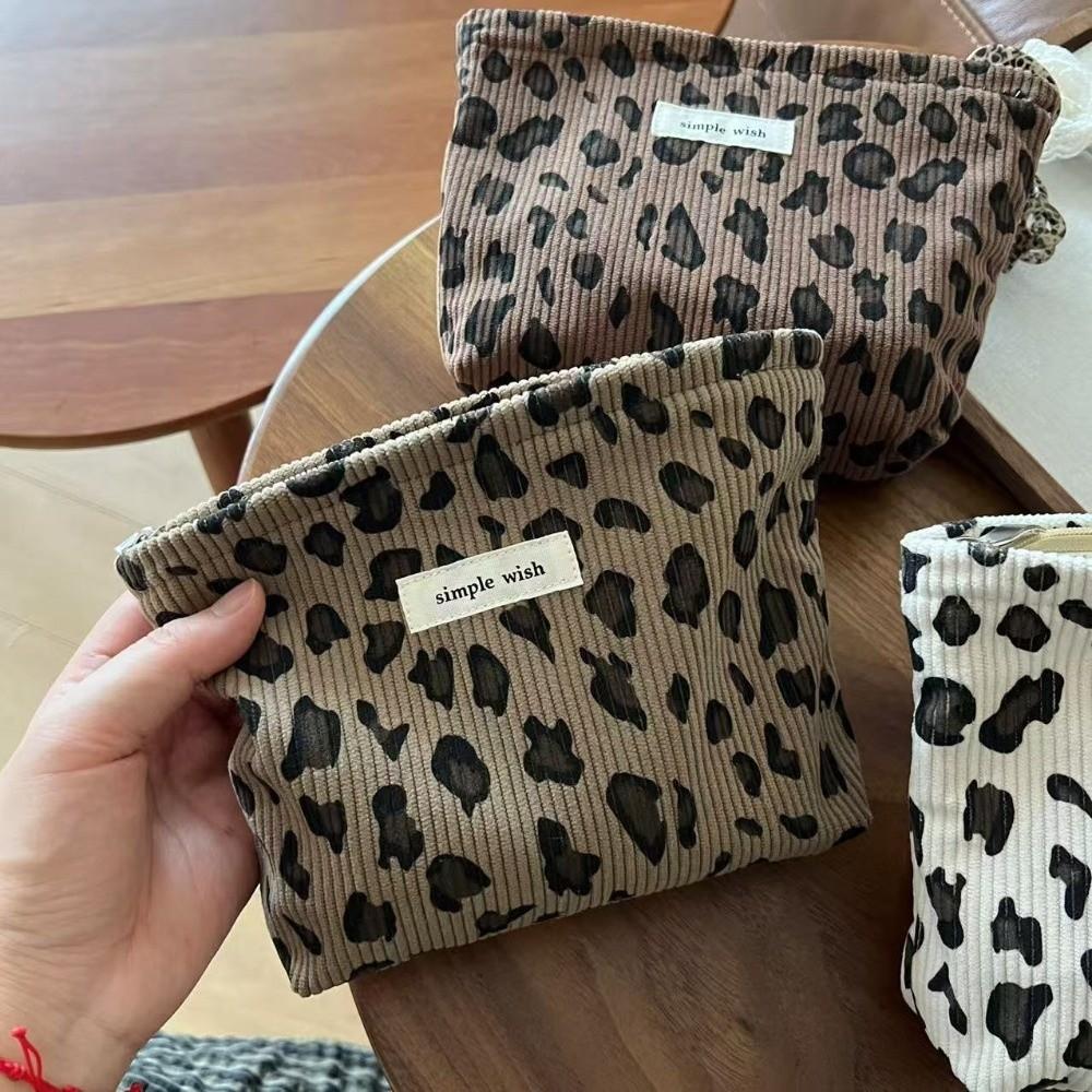 High Quality Retro Storage Bag Leopard Pattern Multi-Functional Zipper Bag Corduroy Washing Storage Bag Travel