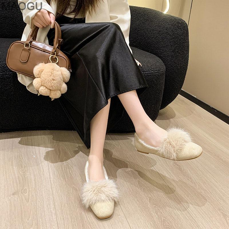 Damen Plüsch Flache Schuhe 2026 Herbst Winter Kunstpelz Gefüttert Weiche Sohle Mokassins Warm Baumwolle Niedriger Absatz Pumps Zum Hineinschlüpfen Bequem