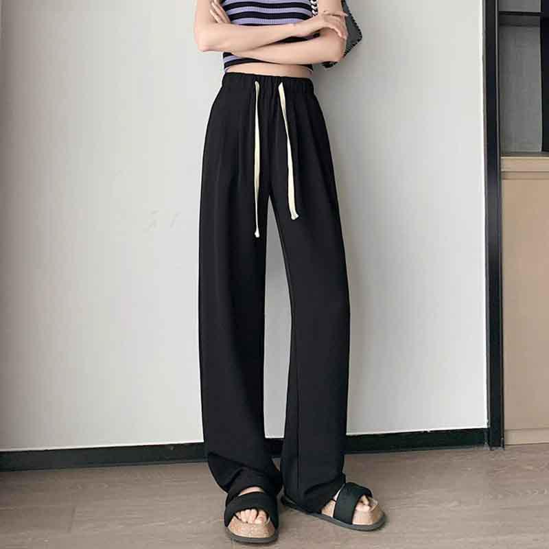 Summer 2024 Women's High Waist Versatile Wide-Leg Suit Pants with Drawstring, Size 145 Slimming