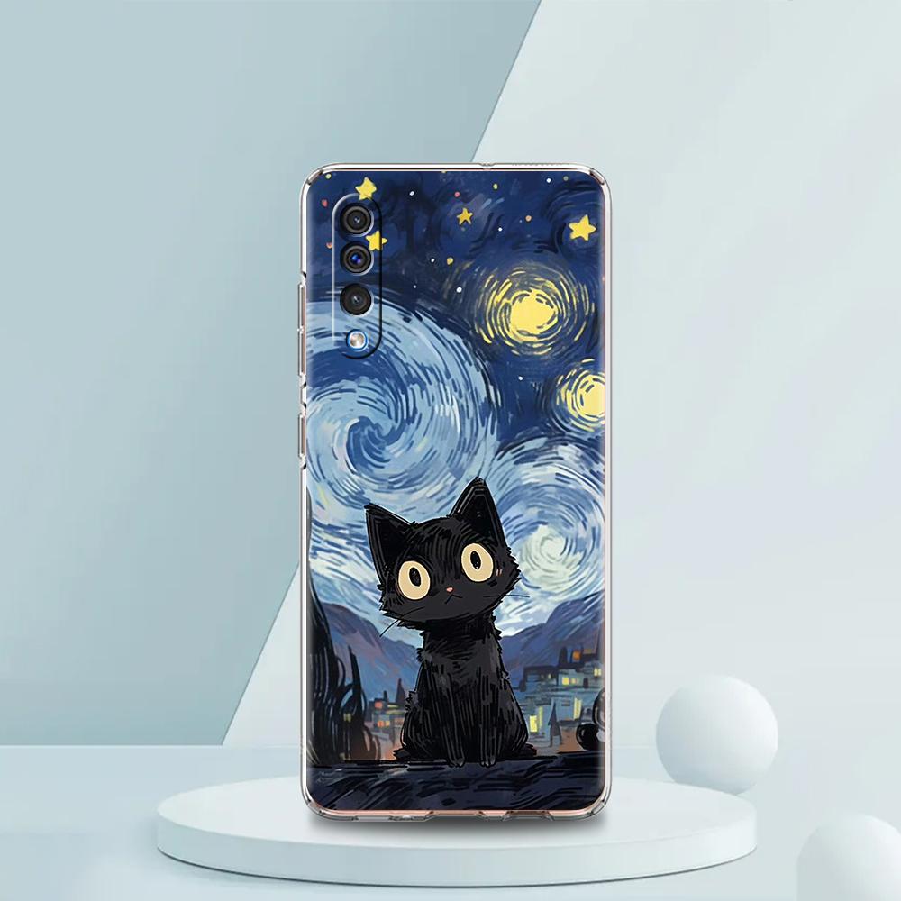 Artistic Black Cat Starry Night Case For Samsung A16 A14 A12 A22 A32 5G A34 A42 A52 A54 A50 A70 A30 A40 A20E A10S A02S A04S A06