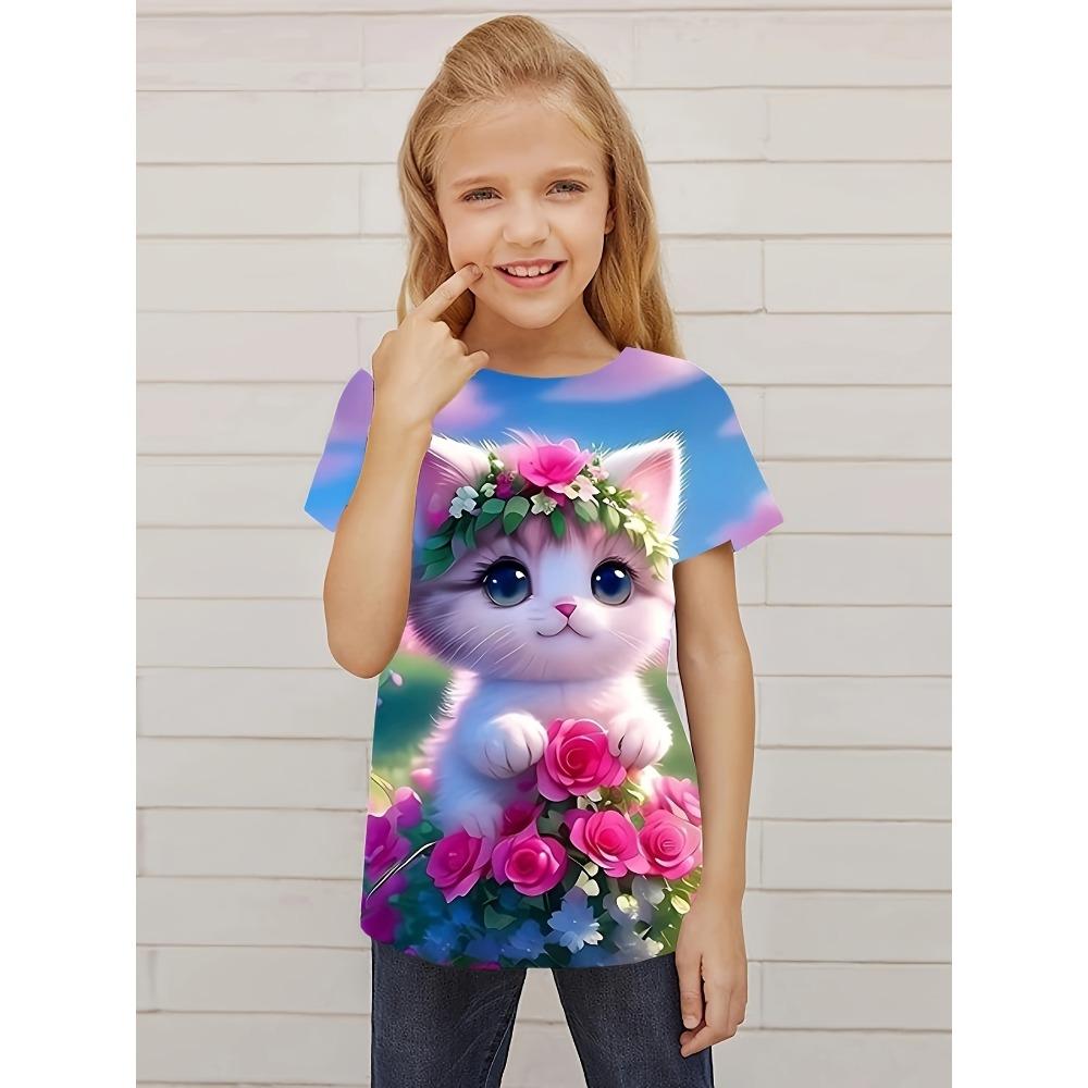 Children's clothing, girls' T-shirt, 3D kitten top, children's summer clothing, fashionable girls' clothing, round neck top, girls' T-shirt