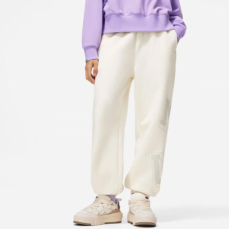 Li Ning Disney Collaboration Series Letter Mid Waist Cuffed Fleece Knit Sports Pants Women Pants Off-White AKLT816-2