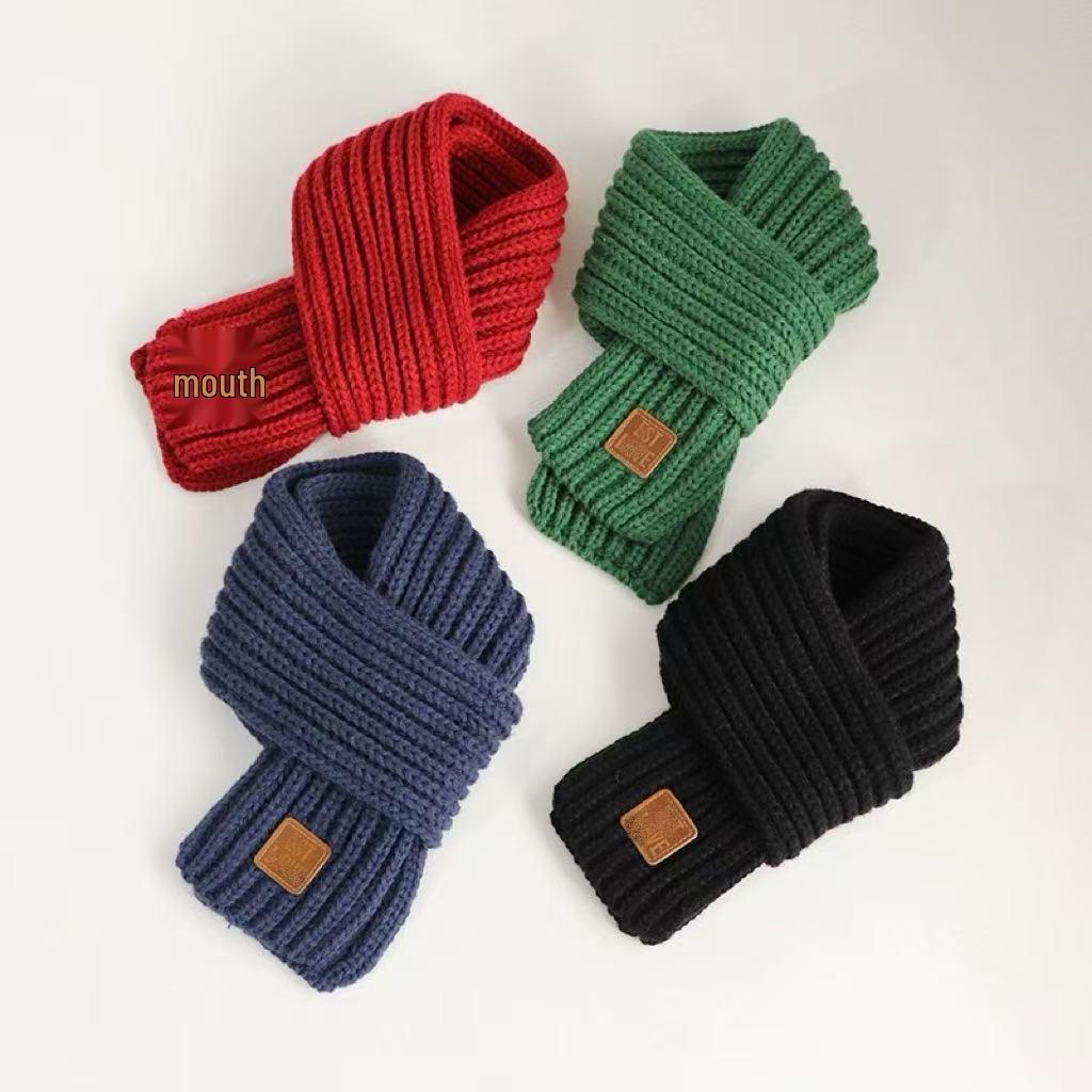 Kids' Cute Korean Style Knit Wool Scarf with Leather Label - Versatile for Winter and Autumn